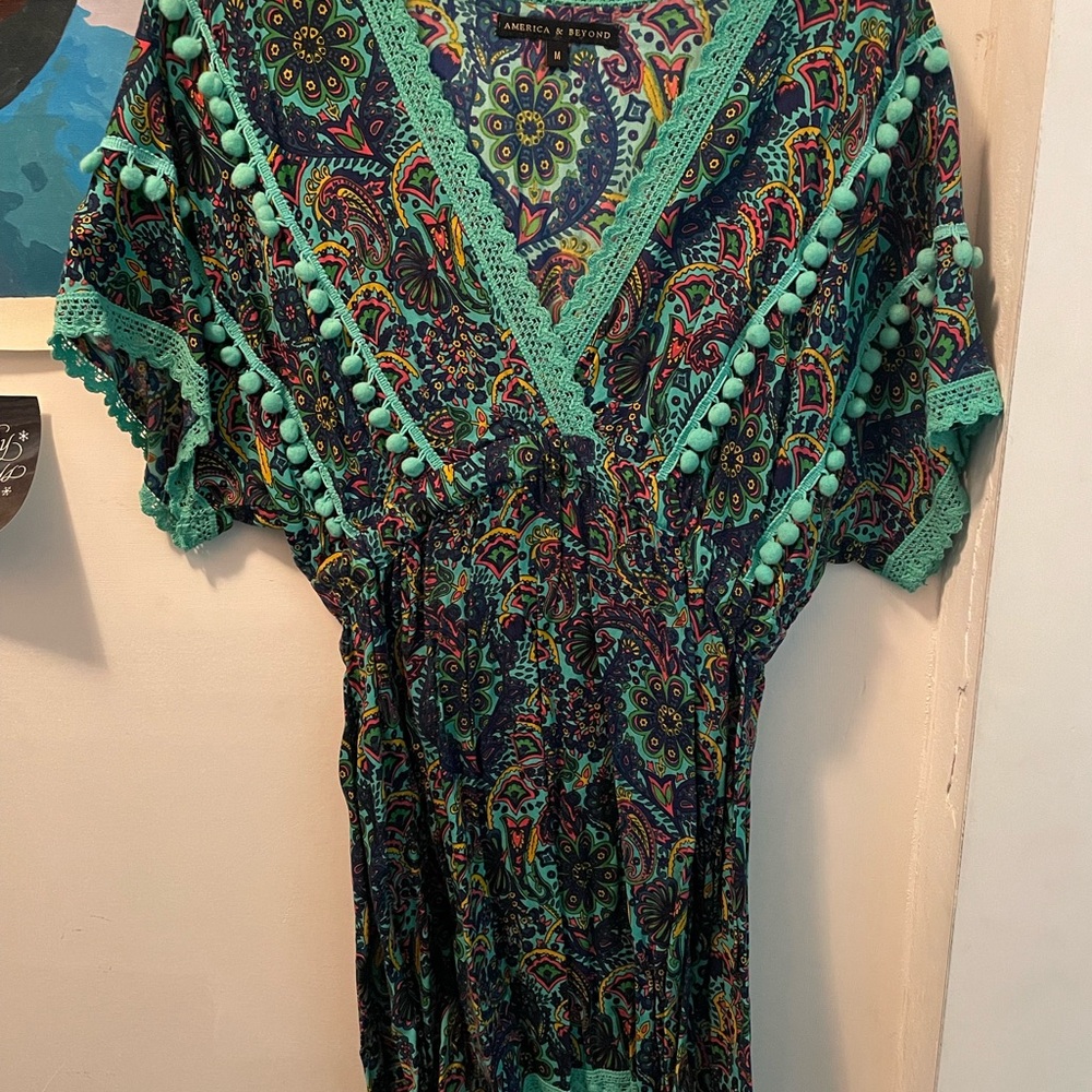 American & Beyond Paisley Dress with Pom Pom Trim